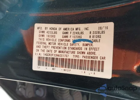 2017 Honda Accord Lx из США, поврежденный, VIN 1HGCR2F33HA051757